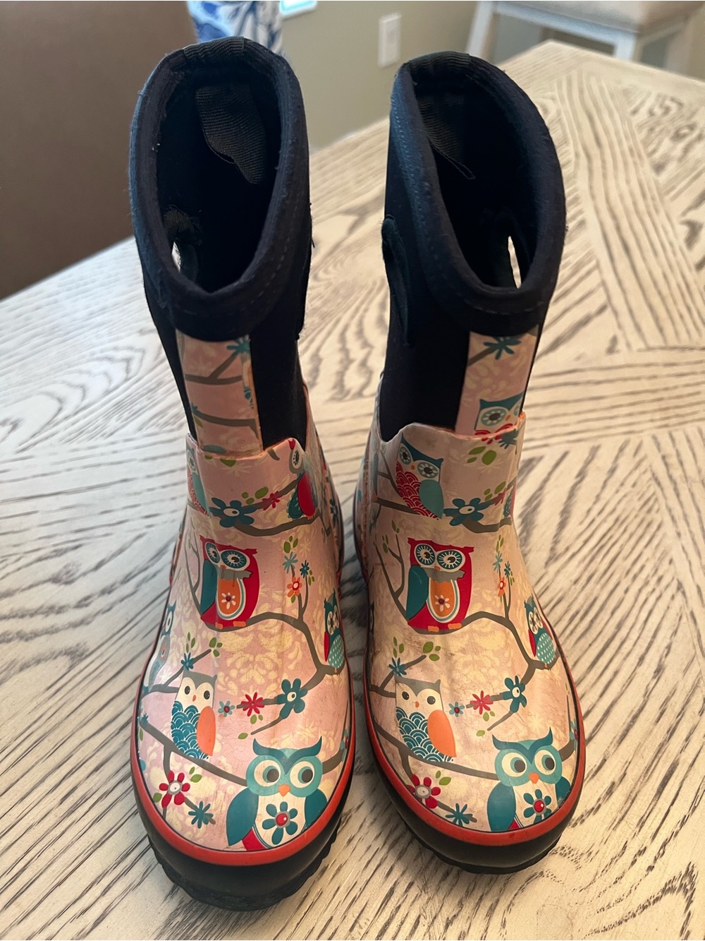 OAKI Kid's Neoprene Waterproof Rain and Snow boots pink owl pattern sz 9 toddler